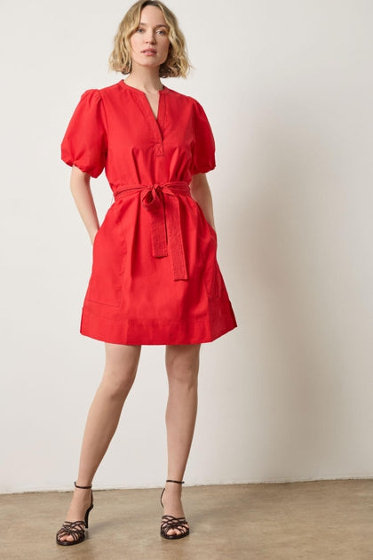 Shirred sleeve split neck dress