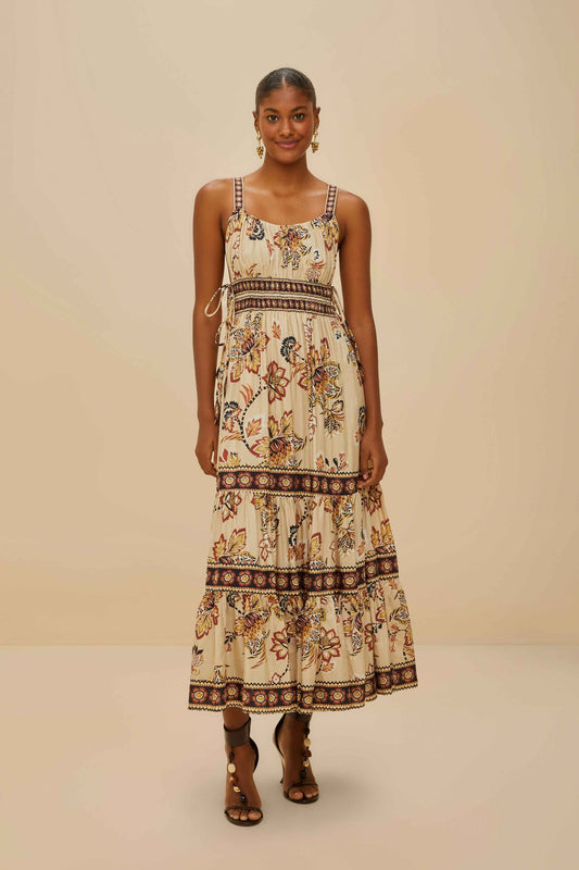 Aura Floral Sand Sleeveless Midi Dress