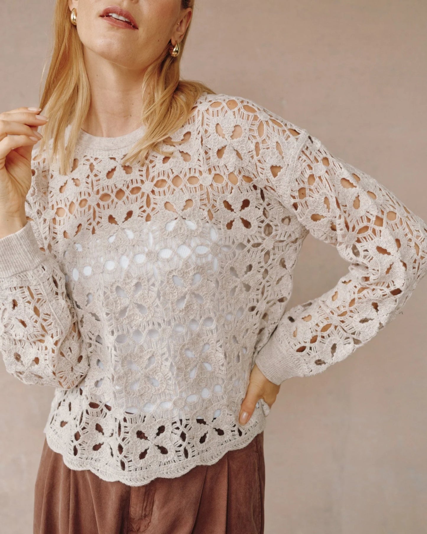 Crochet crew neck sweater