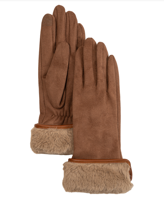 Stretch Suede Fold-Up Faux Fur Cuff Gloves