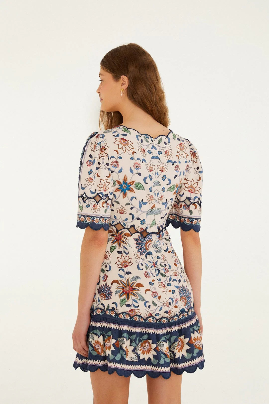 Pink Floral Delhi Tapestry Scallop Cut-Out Mini Dress