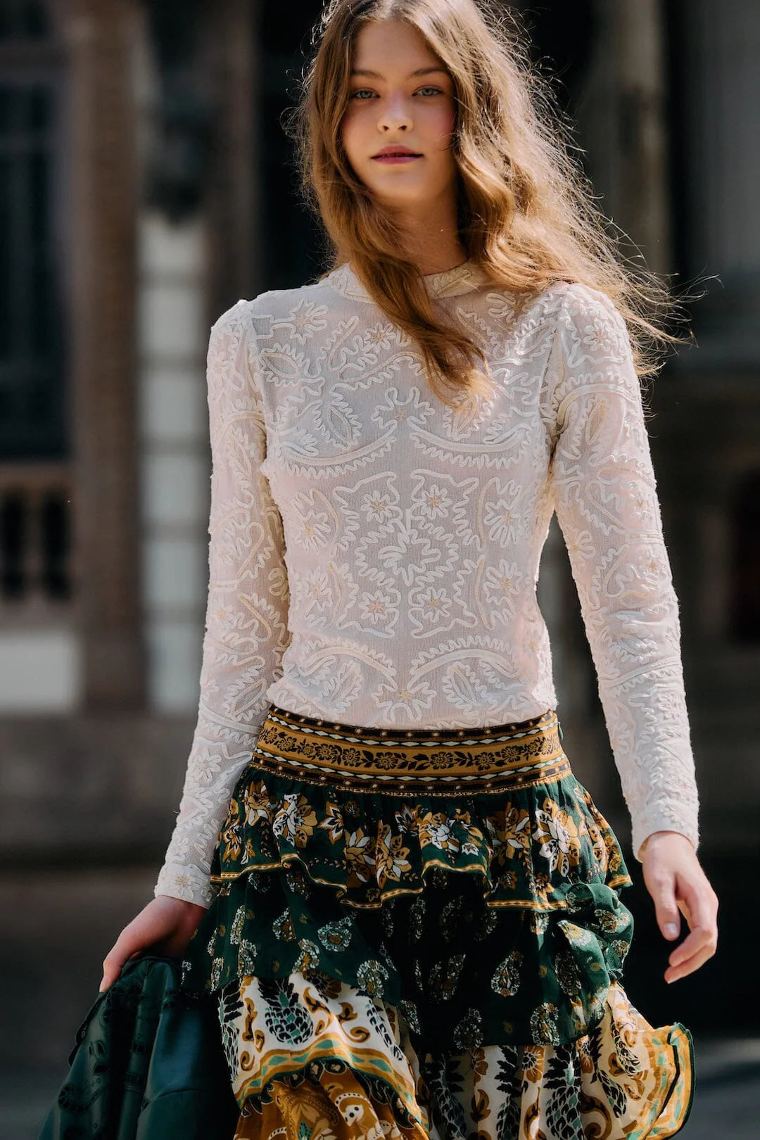 Off-White Embroidered Crew Neck Long Sleeve Blouse