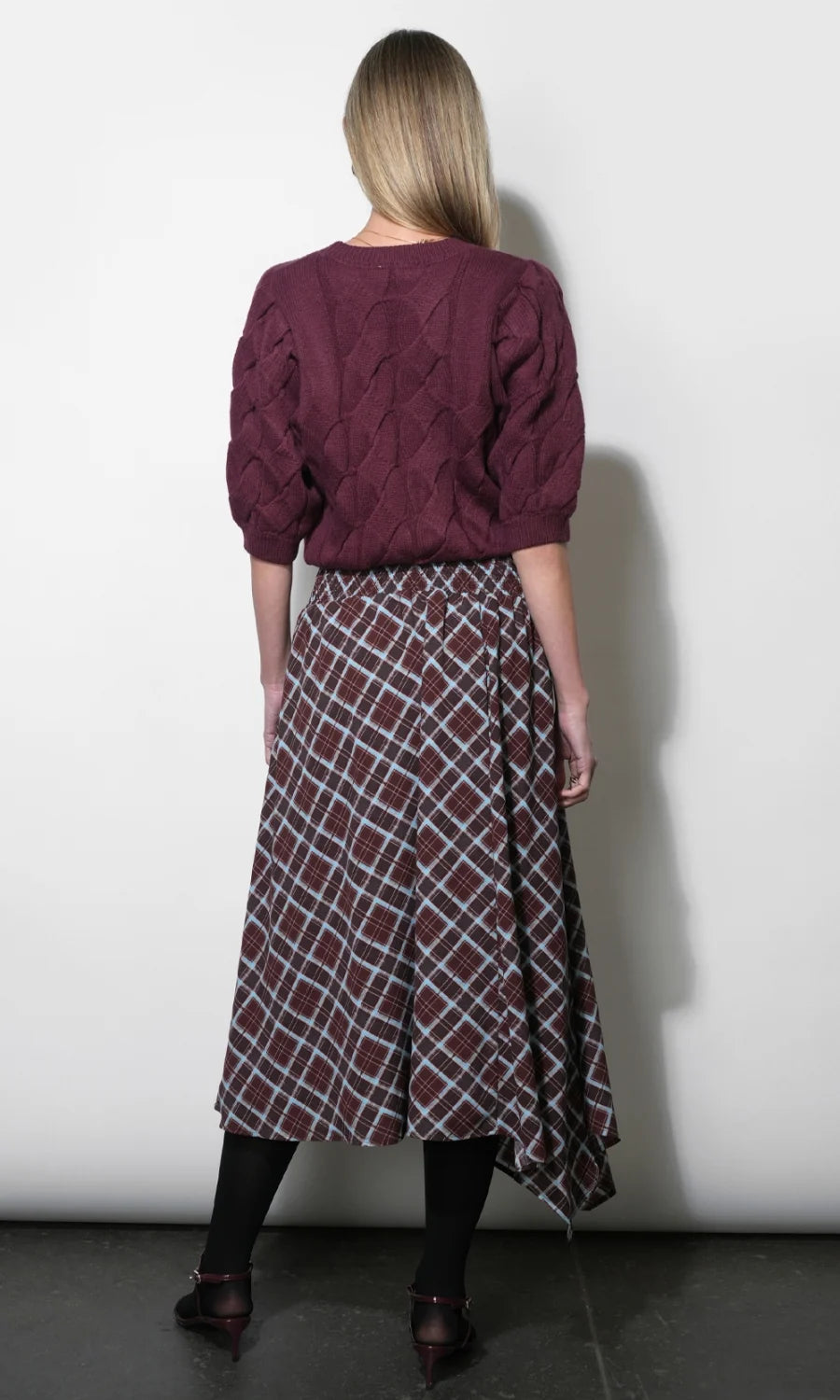 Rhodes Asymmetric Plaid Midi Skirt