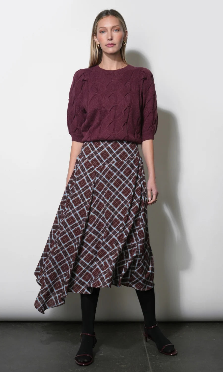 Rhodes Asymmetric Plaid Midi Skirt