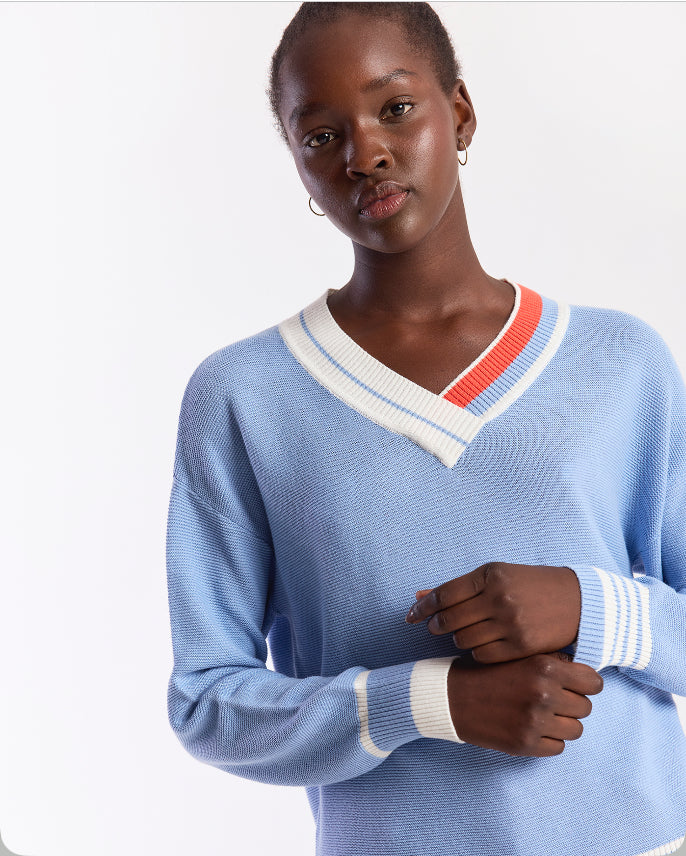 Stripe Trim V-Neck Sweater