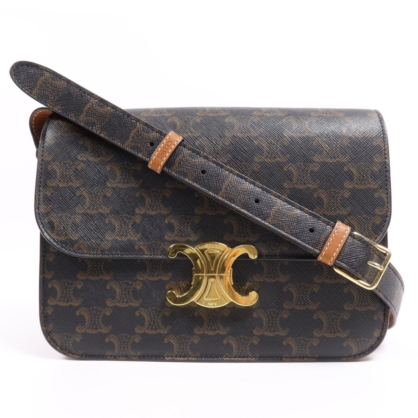 Celine Painted Triomphe 22 Gold Shoulder Bag Brown/Green Coated Canvas