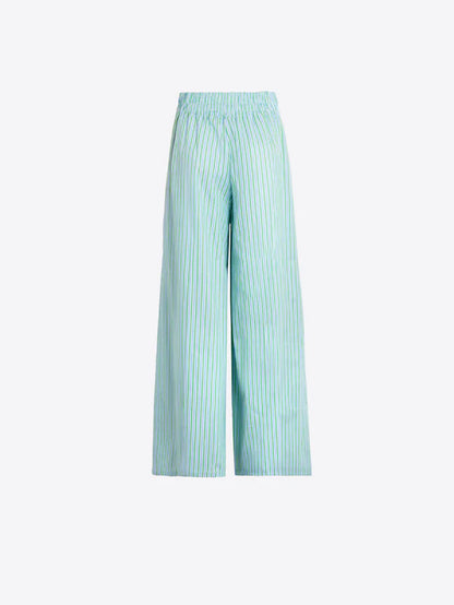 Green and Blue Striped Pleated Trousers