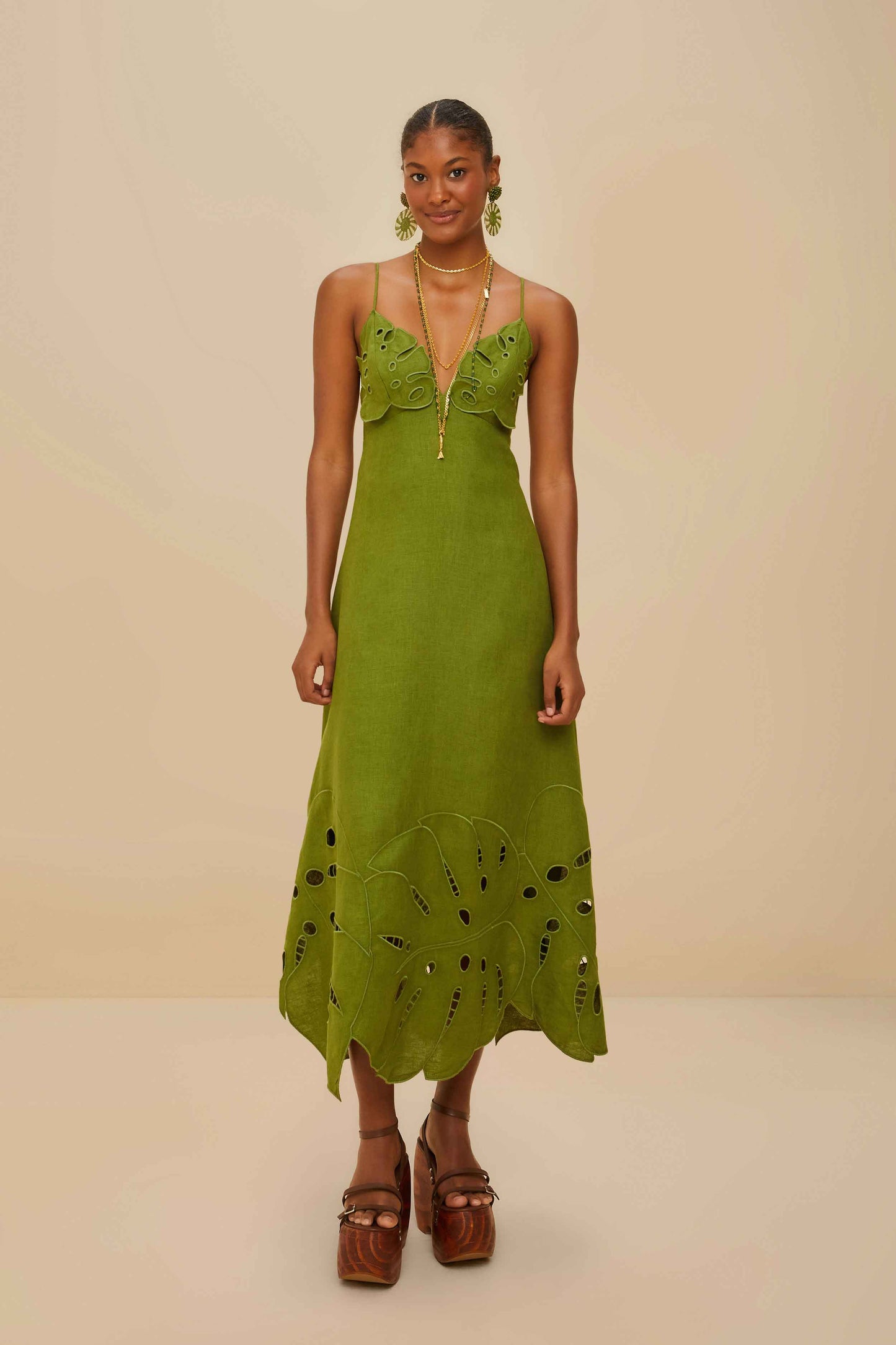 Green Monstera Embroidery Midi Dress
