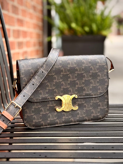 Celine Painted Triomphe 22 Gold Shoulder Bag Brown/Green Coated Canvas
