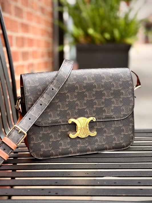 Celine Painted Triomphe 22 Gold Shoulder Bag Brown/Green Coated Canvas