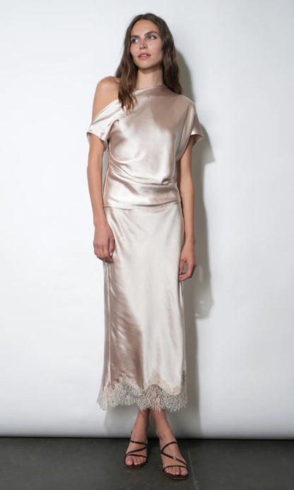 Nellie Asymmetric Satin Draped Off Shoulder Top
