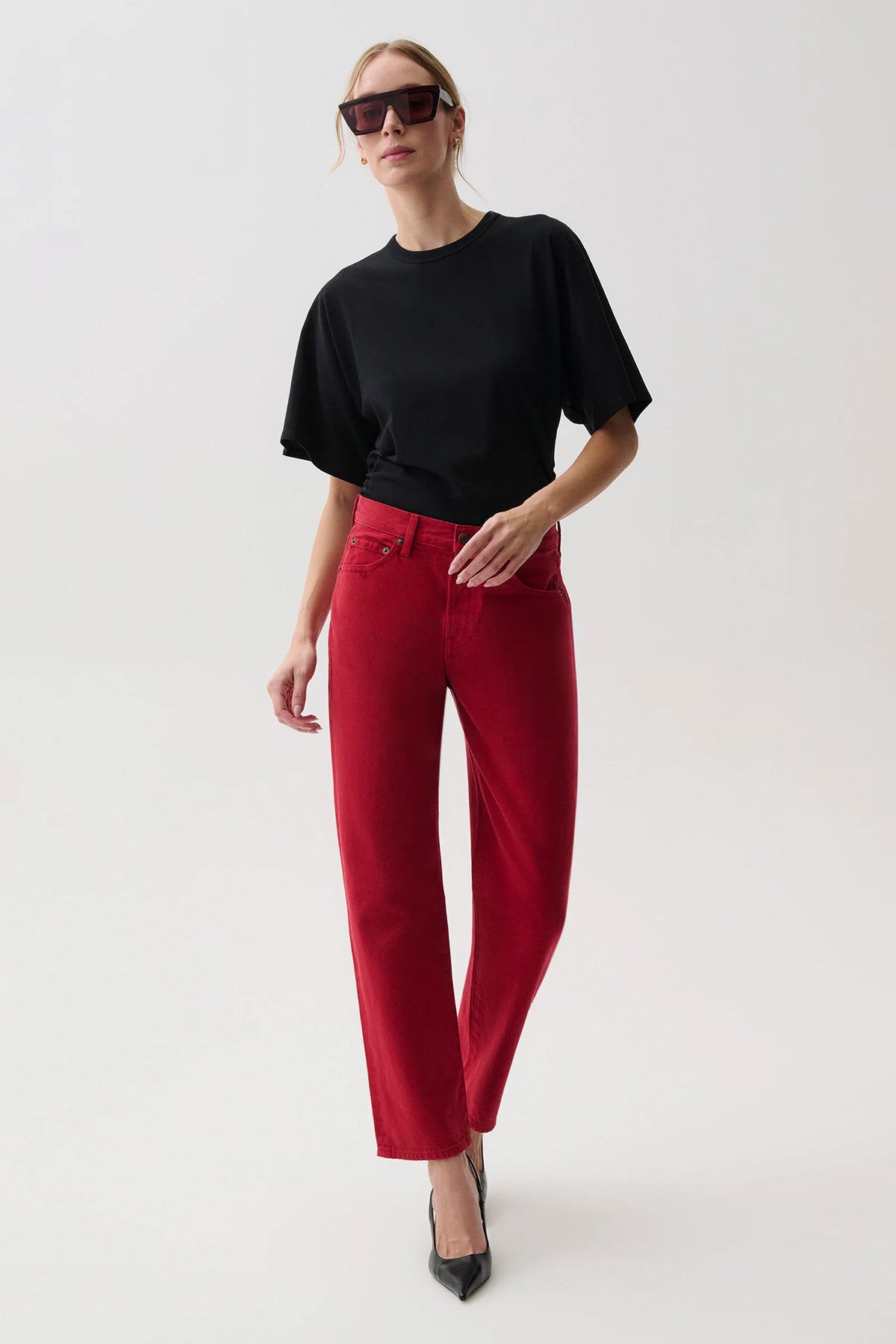 Savvy Red Lexi Mid Rise Bowed Straight