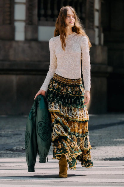 Off-White Embroidered Crew Neck Long Sleeve Blouse