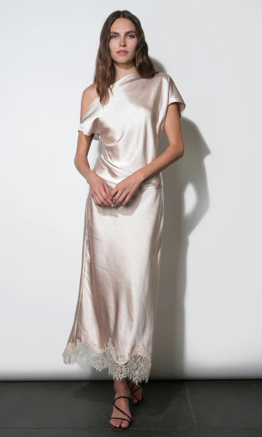 Nellie Asymmetric Satin Draped Off Shoulder Top