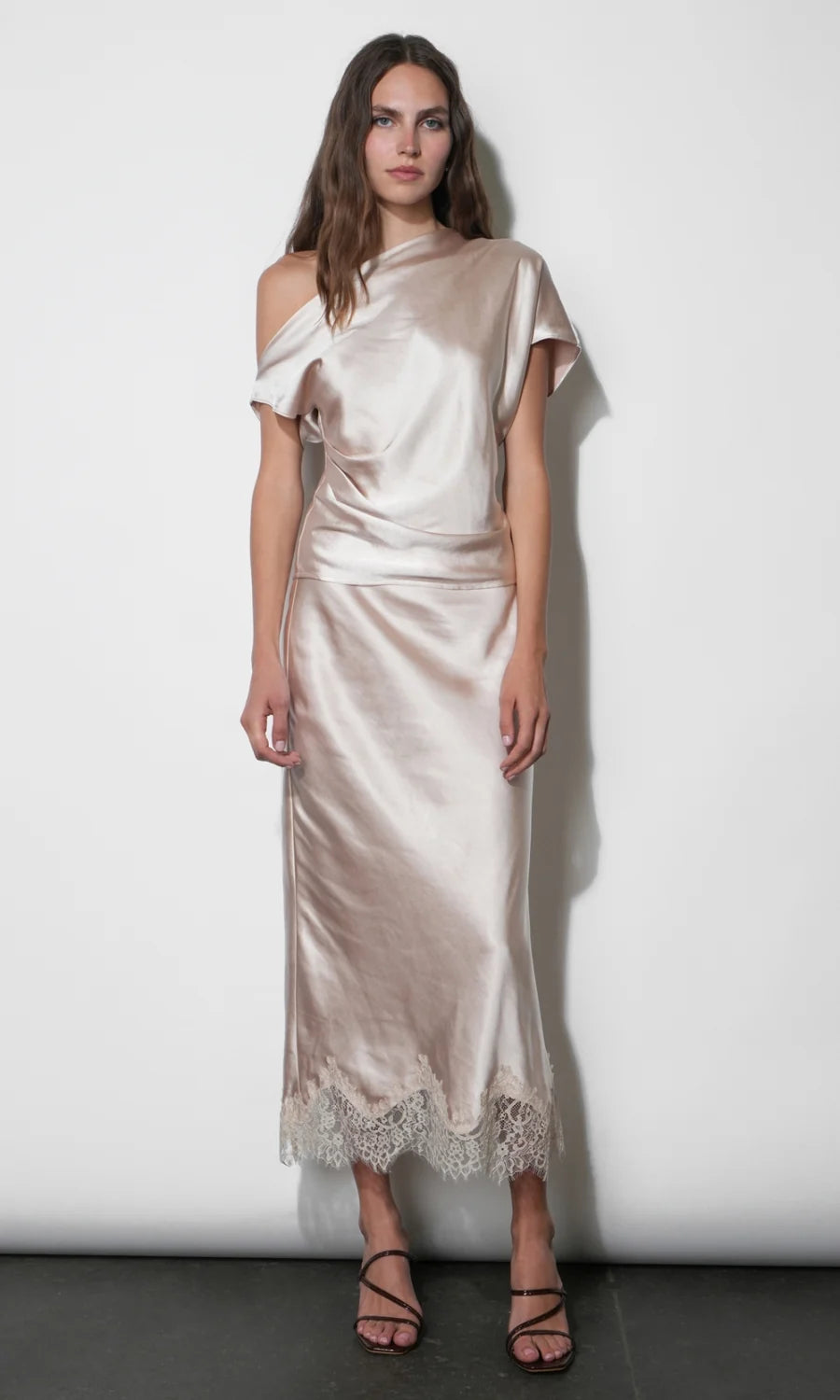 Nellie Asymmetric Satin Draped Off Shoulder Top