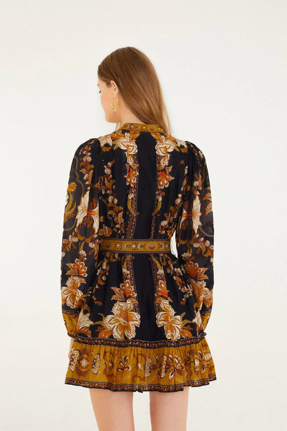 Black Majestic Garden Beaded Buckle Long Sleeve Mini Dress