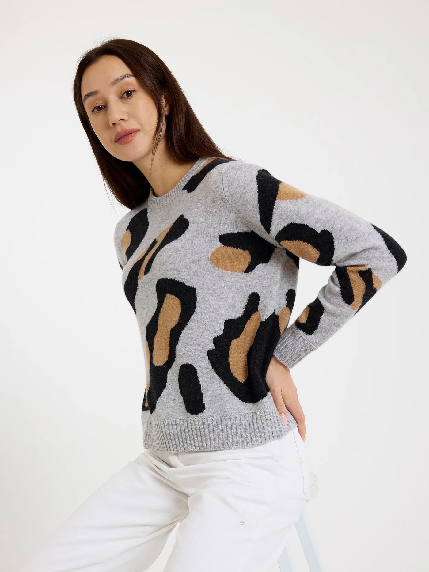 Abstract Leopard Cashmere Crew Sweater