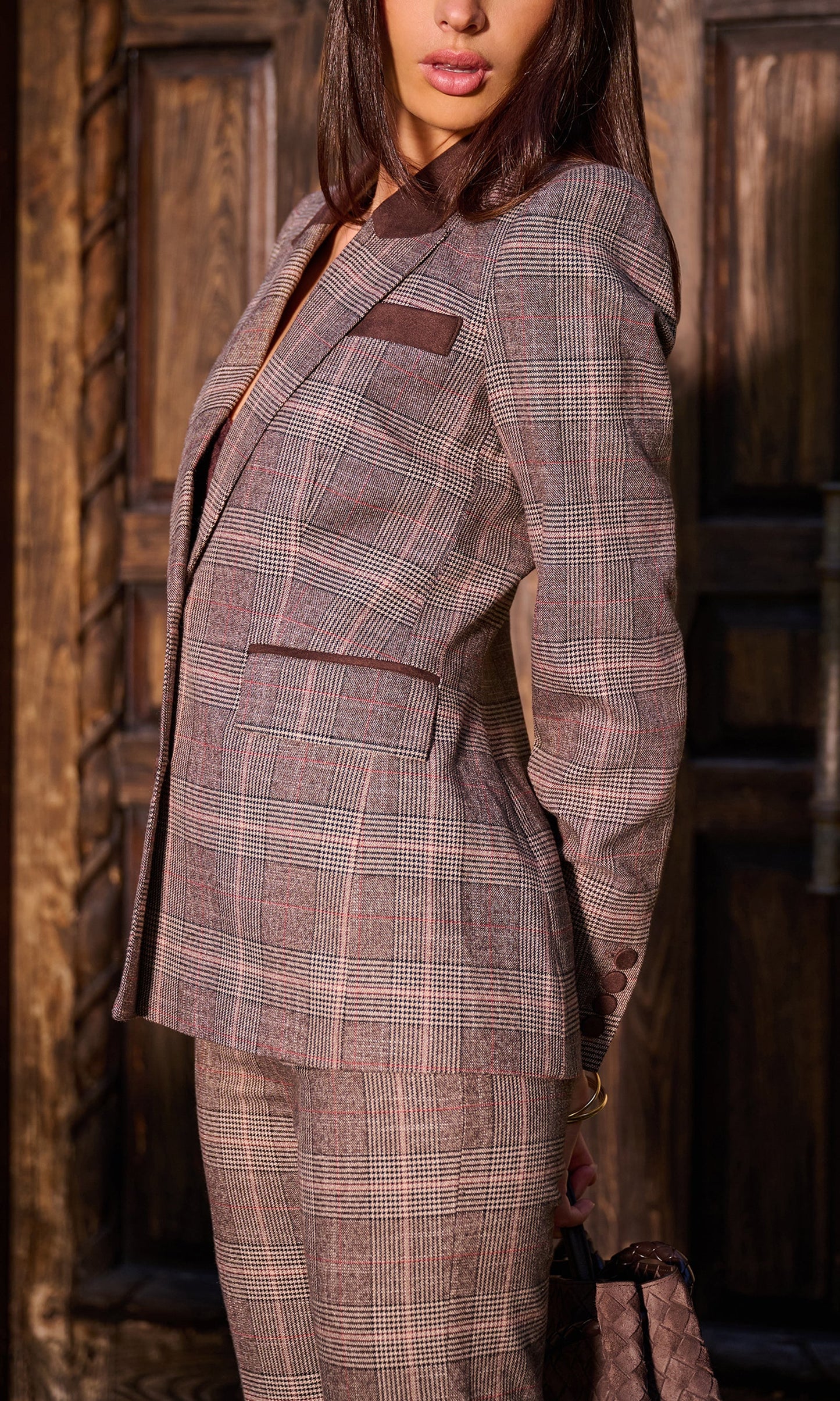 Rosella Vegan Suede Combo Glen Plaid Suiting Blazer