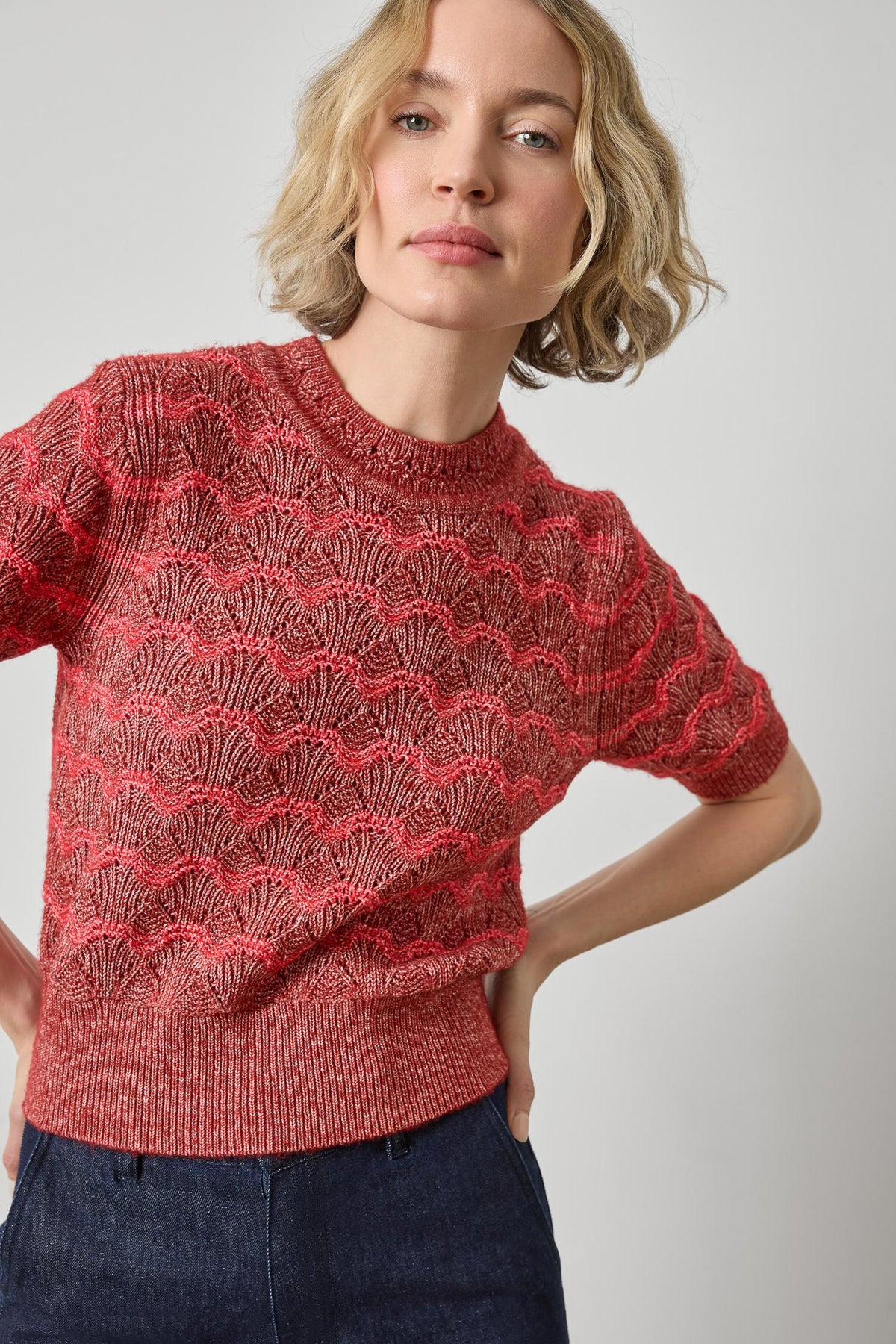 Short Sleeve Multistitch Pullover Sweater