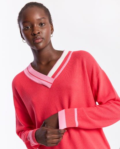 Stripe Trim V-Neck Sweater