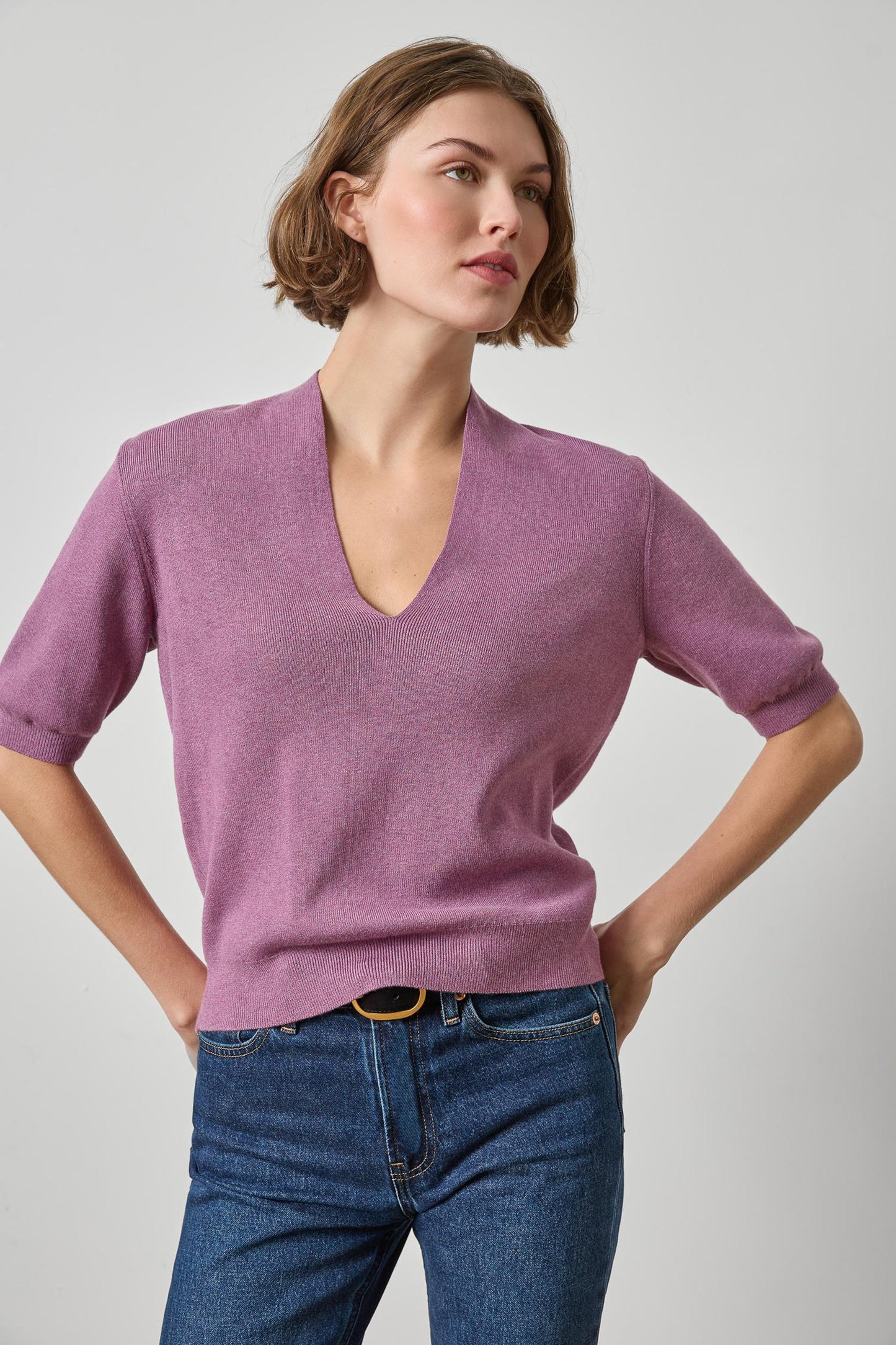 V-Neck Elbow Sleeve Sweater