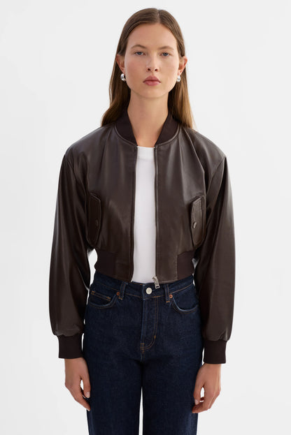 Evelin Cropped Faux Leather Bomber Jacket
