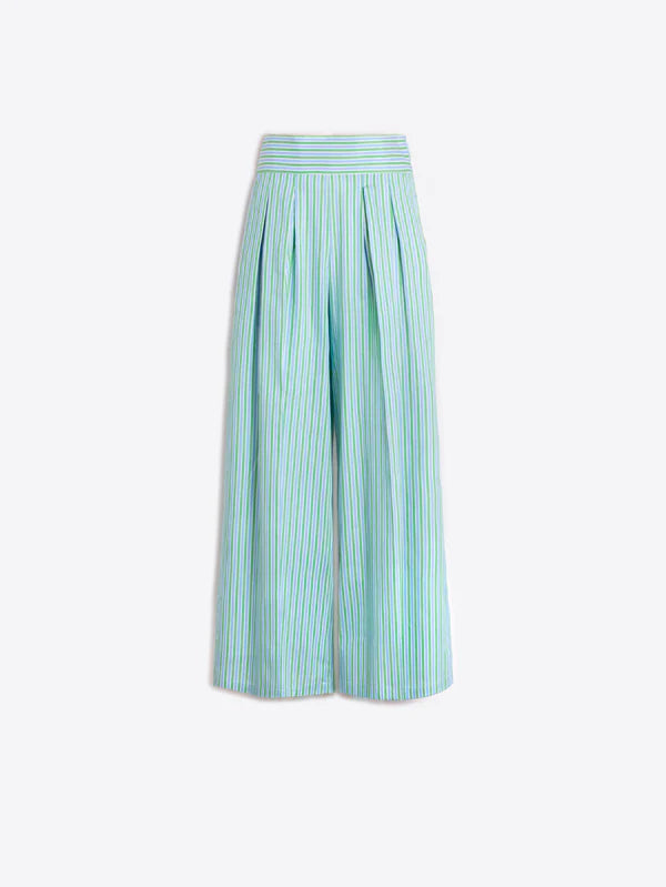 Green and Blue Striped Pleated Trousers