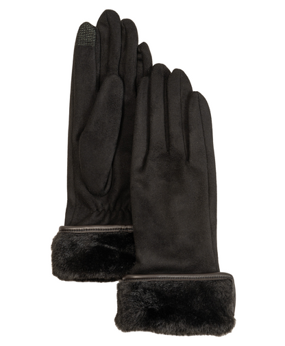 Stretch Suede Fold-Up Faux Fur Cuff Gloves