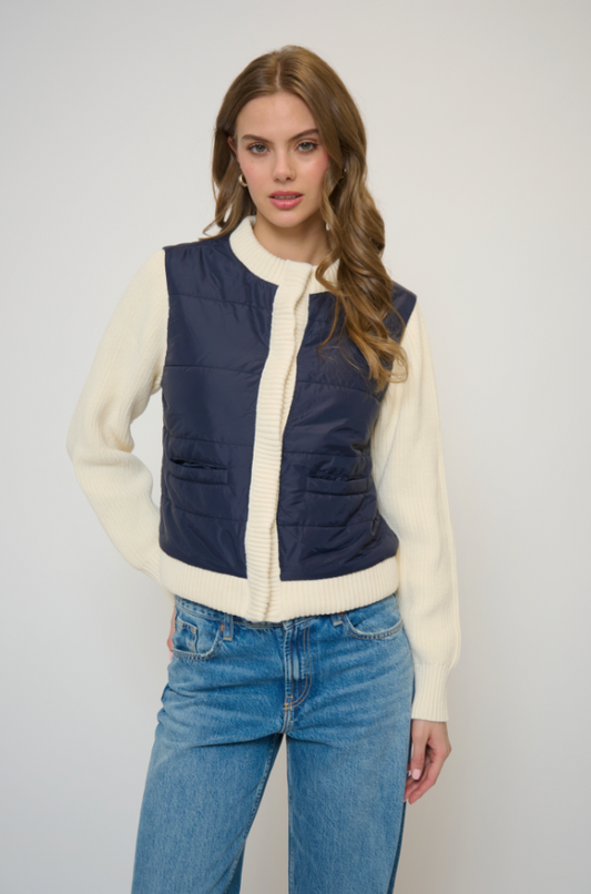 Nylon Quilted Jacket with Sweater Sleeves
